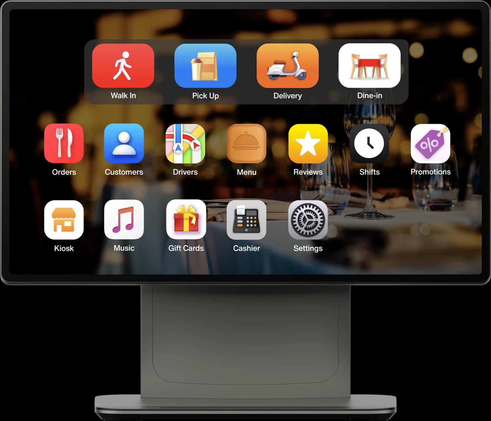 Next Order POS running on a D3 Pro counter terminal, showing Walk In, Pick Up, Delivery and Dine-in service modes.